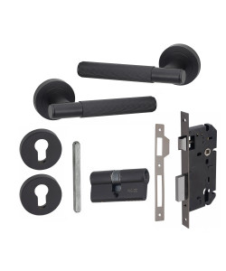 1 Pair Modern Linear T-Bar Euro Lock Door Handles, 70mm Key & Key Barrell Matt Black Finish - Golden Grace