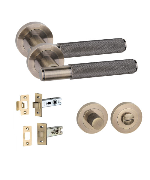 Straight T-Bar Knurled Bathroom Door Handle Set with Knurled Design Thumbturn and Dead Bolt Lock Antique Brass Straight T-Bar Knurled Bathroom Door Handle Set with Knurled Design Thumbturn and Dead Bolt Lock Antique Brass