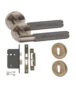 Straight T-Bar Knurled Key Lock Door Handle Set Escutcheon and Mortise Lock Antique Brass Straight T-Bar Knurled Key Lock Door Handle Set Escutcheon and Mortise Lock Antique Brass