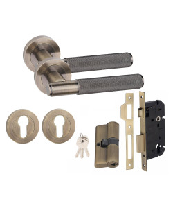 Straight T-Bar Knurled Euro 70mm Key Lock Door Handle Set Euro Lock Antique Brass