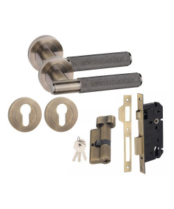 Straight T-Bar Knurled Euro 70mm Thumbturn Door Handle Set Euro Lock Antique Brass