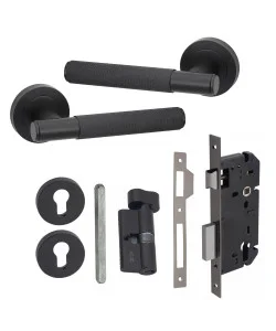 1 Pair Modern Knurled T-Bar Euro Lock Door Handles, 70mm Key & Thumbturn Barrell Matt Black Finish - Golden Grace