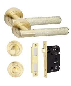 Knurled T-Bar Bathroom Door Handle Set Thumbturn and Mortise Lock Satin Brass Knurled T-Bar Bathroom Door Handle Set Thumbturn and Mortise Lock Satin Brass