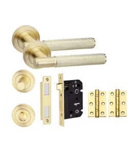 Golden Grace Knurled T-Bar Bathroom Door Handle Set Thumbturn and Dead Bolt Ball Bearing Hinges Satin Brass Golden Grace Knurled T-Bar Bathroom Door Handle Set Thumbturn and Dead Bolt Ball Bearing Hinges Satin Brass