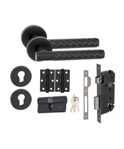 Golden Grace 1 Set Knurled Hex Cut T-Bar Euro Lock Door Handle Set 70mm Barrell Key with Ball Bearing Hinges Matt Black Finish