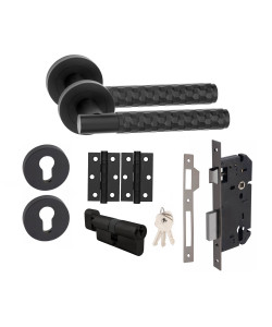 Golden Grace 1 Set Knurled Hex Cut T-Bar Euro Lock Door Handle Set Thumbturn Key with Ball Bearing Hinges Matt Black Finish Golden Grace 1 Set Knurled Hex Cut T-Bar Euro Lock Door Handle Set Thumbturn Key with Ball Bearing Hinges Matt Black Finish