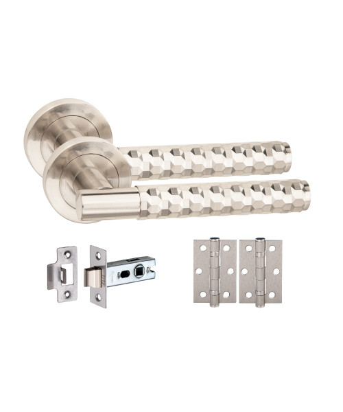 Golden Grace 6 Set Knurled Hex Cut T-Bar Door Handles with Latch and Ball Bearing Hinges Satin Nickel Finish Golden Grace 6 Set Knurled Hex Cut T-Bar Door Handles with Latch and Ball Bearing Hinges Satin Nickel Finish