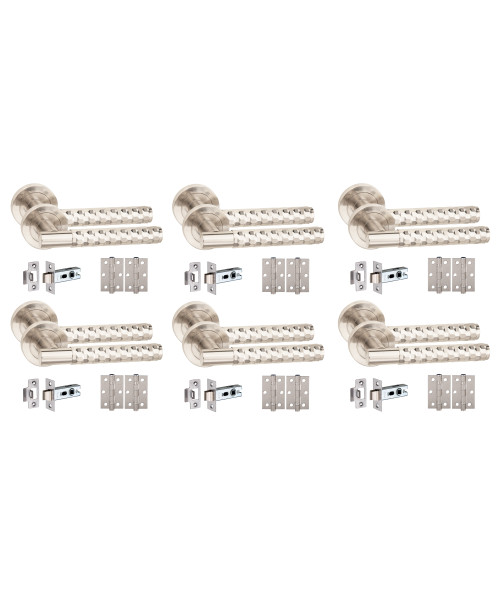 Golden Grace 6 Set Knurled Hex Cut T-Bar Door Handles with Latch and Ball Bearing Hinges Satin Nickel Finish Golden Grace 6 Set Knurled Hex Cut T-Bar Door Handles with Latch and Ball Bearing Hinges Satin Nickel Finish