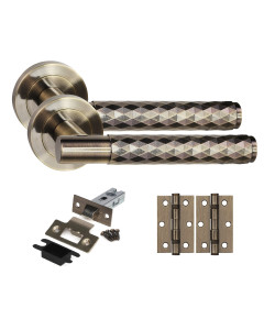 Golden Grace 1 Set Knurled Diamond Cut T-Bar Door Handles with Latch and Ball Bearing Hinges Antique Brass Finish