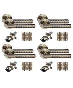 Golden Grace 4 Set Knurled Diamond Cut T-Bar Door Handles with Latch and Ball Bearing Hinges Antique Brass Finish