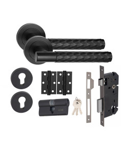 Golden Grace 1 Set Knurled Diamond Cut T-Bar Euro Lock Door Handle Set 70mm Barrell Key with Ball Bearing Hinges Matt Black Finish