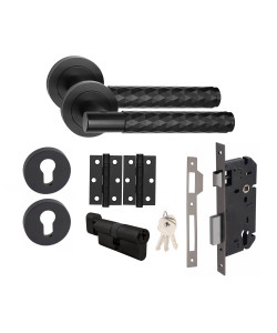 Golden Grace 1 Set Knurled Diamond Cut T-Bar Euro Lock Door Handle Set Thumbturn Key with Ball Bearing Hinges Matt Black Finish