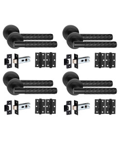 Golden Grace 4 Set Knurled Diamond Cut T-Bar Door Handles with Latch and Ball Bearing Hinges Matt Black Finish