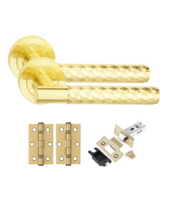 Golden Grace 1 Set Knurled Diamond Cut T-Bar Door Handles with Latch and Ball Bearing Hinges Satin Brass Finish