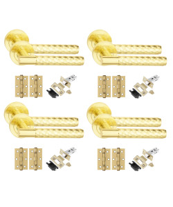 Golden Grace 4 Set Knurled Diamond Cut T-Bar Door Handles with Latch and Ball Bearing Hinges Satin Brass Finish