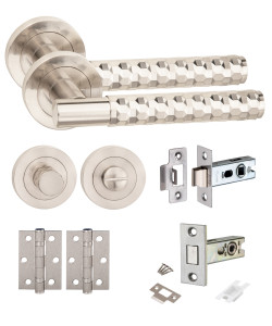 Golden Grace Knurled Diamond Cut T-Bar Bathroom Door Handle Set Thumbturn and Dead Bolt Ball Bearing Hinges Satin Nickel