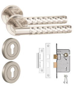 Golden Grace Knurled Diamond Cut T-Bar Lock Door Handle Set 3 Lever Lock Set Satin Nickel Finish