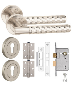 Golden Grace Knurled Diamond Cut T-Bar Door Handle Lock Set 3 Lever Mortise Lock BB Hinges Satin Nickel