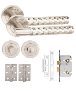 Golden Grace Knurled Diamond Cut T-Bar Bathroom Door Handle Set Thumbturn and Mortise Lock BB Hinges Satin Nickel