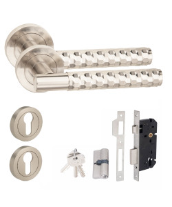 Golden Grace 1 Pair Modern Knurled Diamond Cut T-Bar Euro Lock Door Handles, 70mm Key & Key Barrell Satin Nickel Finish