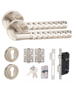 Golden Grace 1 Set Knurled Diamond Cut T-Bar Euro Lock Door Handle Set 70mm Barrell Key with Ball Bearing Hinges Satin Nickel Finish
