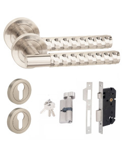 Golden Grace 1 Pair Modern Knurled Diamond Cut T-Bar Euro Lock Door Handles, 70mm Key & Thumbturn Barrell Satin Nickel Finish