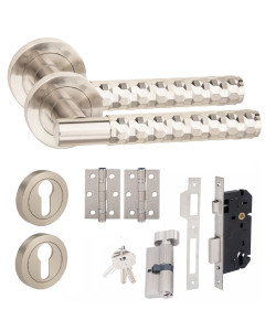 Golden Grace 1 Set Knurled Diamond Cut T-Bar Euro Lock Door Handle Set Thumbturn Key with Ball Bearing Hinges Satin Nickel Finish