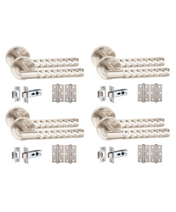 Golden Grace 4 Set Knurled Diamond Cut T-Bar Door Handles with Latch and Ball Bearing Hinges Satin Nickel Finish