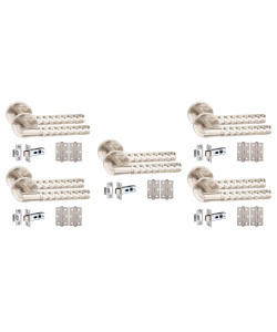 Golden Grace 5 Set Knurled Diamond Cut T-Bar Door Handles with Latch and Ball Bearing Hinges Satin Nickel Finish