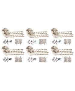 Golden Grace 6 Set Knurled Diamond Cut T-Bar Door Handles with Latch and Ball Bearing Hinges Satin Nickel Finish