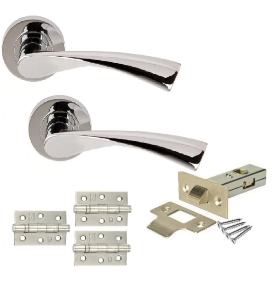6 Sets of Astrid Style Modern Chrome Door Handles on Rose Polished Chrome Finish with Tubular Latch and 3x 3 Inch Ball Bearing Hinges