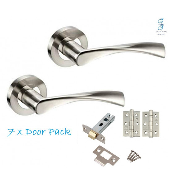 Astrid Modern Chrome Door Handles on Rose with Duo Finish Door Pack with a Pair of Ball Bearing Hinges and 64mm Tubular Latch Set of 7-681SKX7 - Golden Grace