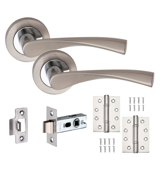 1 Set of Astrid Design Duo Finish Modern Chrome Door Handles on Rose with Tubular Latch and Pair of 4 Inch Fire Rated BB Hinges
