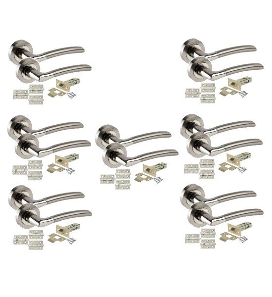 7 Sets of Indianna Style Modern Chrome Door Handles on Rose with Duo Finish Door Lever Latch Pack with 3x 3" Ball Bearing Hinges - Golden Grace
