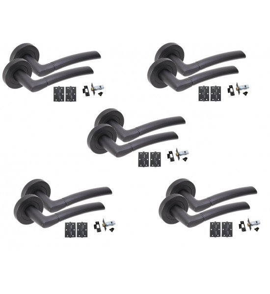 5 Pairs of Indiana Design Modern Matte Black Lever Latch Pack Door Handles On Rose w/ Black Tubular Latch and Ball Bearing Hinges