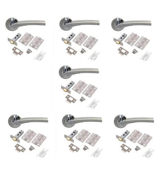7 Sets of Verona Modern Chrome Door Handles on Rose, Duo Finish Door Lever Latch Pack Satin Chrome and Polished Chrome
