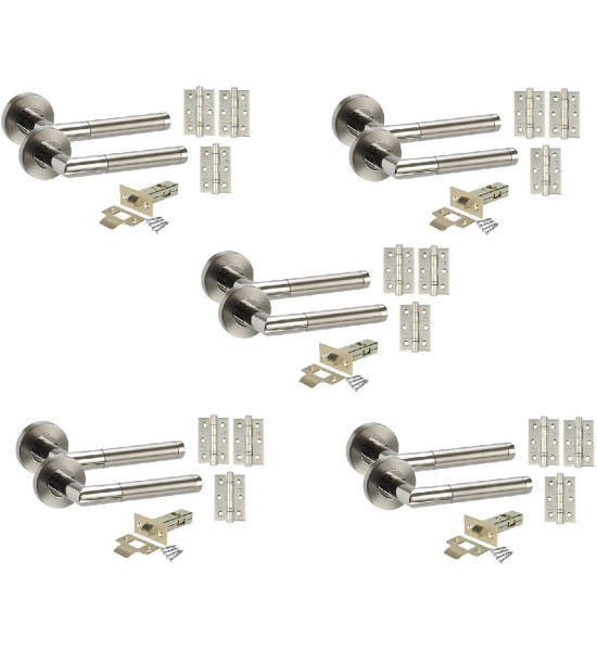 5 Sets of Mitred Style Modern Chrome Door Handles on Rose with Duo Finish Door Lever Latch Pack with Three 3" Ball Bearing Hinges