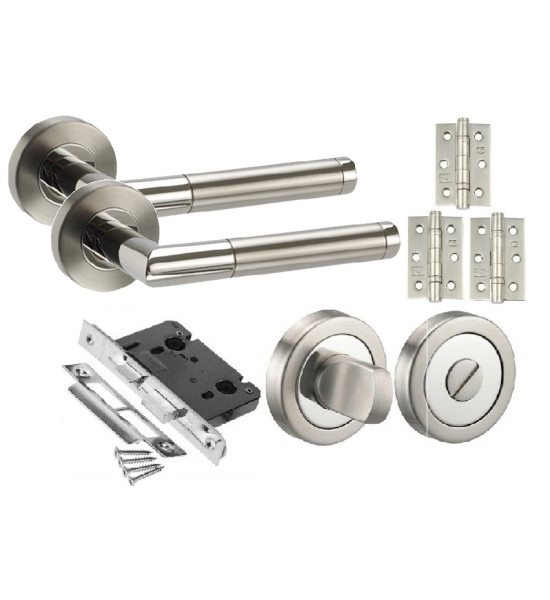 Mitred Style Modern Chrome Door Handles on Rose with Duo Finish Bathroom Handle Pack with 3 x 3" Heavy Duty BB Hinge