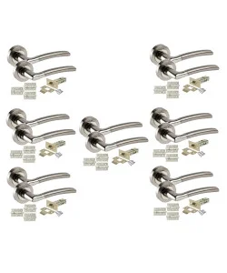 7 Sets of Indianna Modern Chrome Door Handles on Rose Duo Finish Door Lever Latch Pack 3x 3" Ball Bearing Hinges 7 Sets of Indianna Modern Chrome Door Handles on Rose Duo Finish Door Lever Latch Pack 3x 3" Ball Bearing Hinges