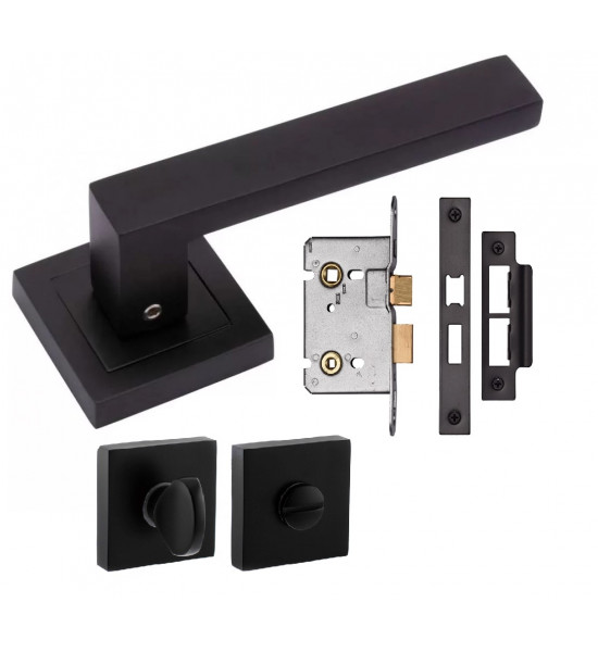Delta Door Handles On Square Rose Matte Black Finish Bathroom Set with Bathroom Lock and Matching Thumb Turns