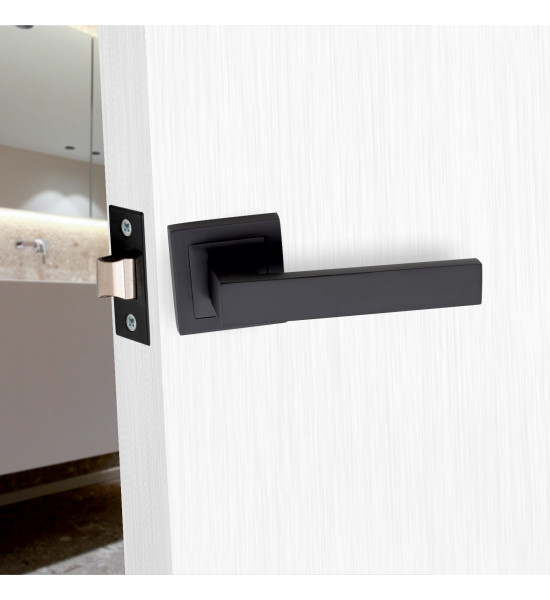 Golden Grace Delta Black Door Handles on Square Rose with Matte Finish Bathroom Handle Pack with 64mm Black Deadbolt
