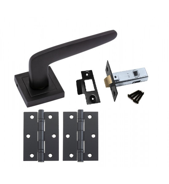 1 Pair of Venus Door Handles On Square Rose in Stunning Matte Black Finish Complete with 64mm Tubular Latch and Ball Bearing Hinges - Golden Grace