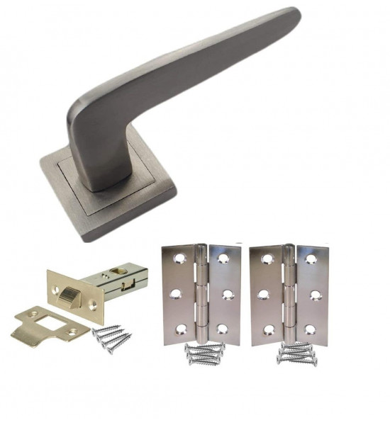 1 Pair of Venus Door Handles On Square Rose in Stunning Satin Stainless Steel Finish Complete with Hinges and Latch - Golden Grace