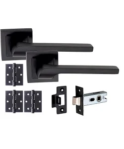 1 Set of Sigma Door Handles On Square Rose, Matte Black Finish with Tubular Latch & 3x3" Ball Bearing Hinges 1 Set of Sigma Door Handles On Square Rose, Matte Black Finish with Tubular Latch & 3x3" Ball Bearing Hinges