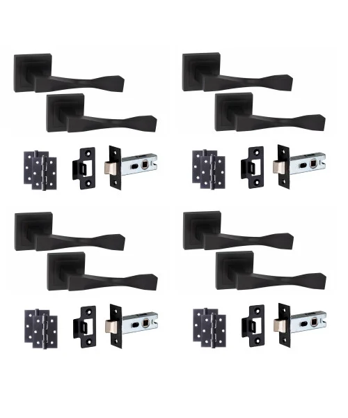 Golden Grace 4 Pair Straight Astrid Design Matt Black Premium Door Handles Square Rose with 2.5" Latch and 1 Pair of Ball Bearing HInges Golden Grace 4 Pair Straight Astrid Design Matt Black Premium Door Handles Square Rose with 2.5" Latch and 1 Pair of Ball Bearing HInges