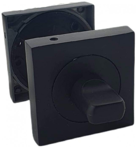 Matt Black Turn & Release Set for Bathroom Lock Square Backplate with Round Inner Ring - Toilet Door Thumb Twist	