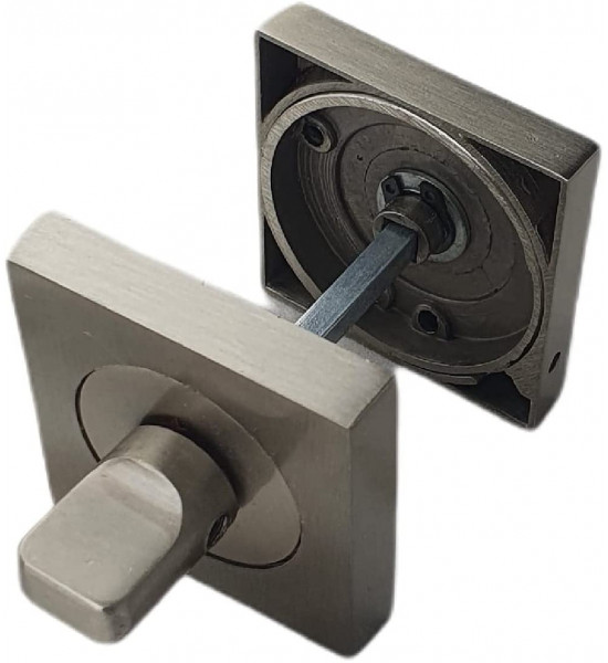 Satin Nickel Stainless Steel Finish Turn & Release Set for Bathroom Lock Square Backplate with Round Inner Ring - Toilet Door Thumb Twist