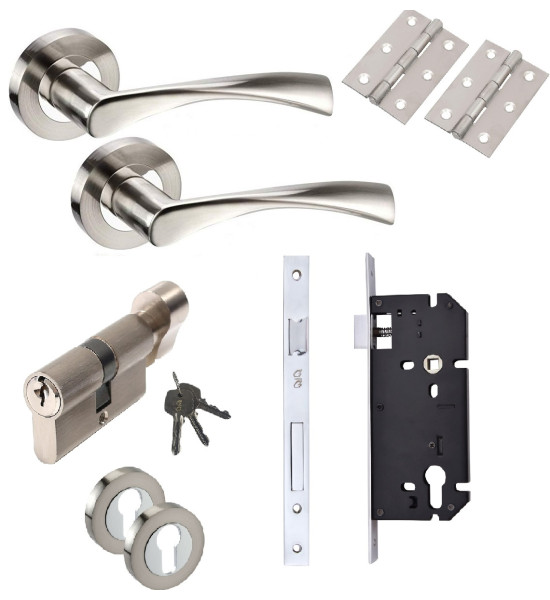 Astrid Design Modern Duo Dual Chrome Euro Profile Lock Door Handle Pack with 3 Thumb turn Keys 60mm Barrell 30/30- Golden Grace