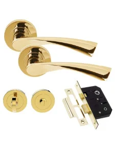 Astrid Design Modern Polished Brass Lever Latch Bathroom Mortice Set On Rose - Golden Grace Astrid Design Modern Polished Brass Lever Latch Bathroom Mortice Set On Rose - Golden Grace