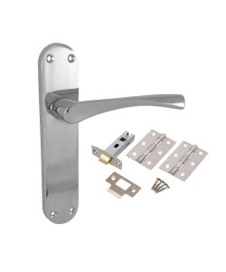 Astrid Door Handles On Backplate Polished Chrome Finish 182mm x 45mm with Tubular Latch and Hinges - Golden Grace Astrid Door Handles On Backplate Polished Chrome Finish 182mm x 45mm with Tubular Latch and Hinges - Golden Grace